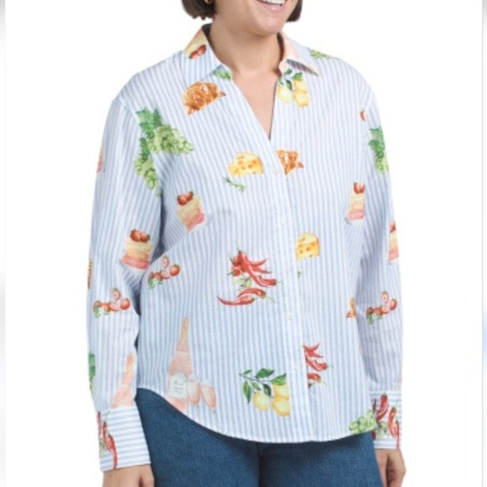 Eliane Rose Blue Stripe Food Wine Print Cotton Button Down Shirt Medium T3